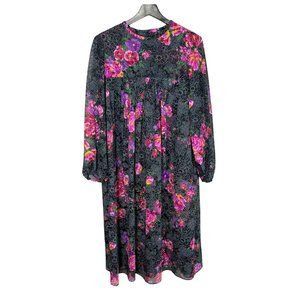 Vintage 60s Black Purple Pink Floral Long Sleeve Sheer Midi Dress Medium